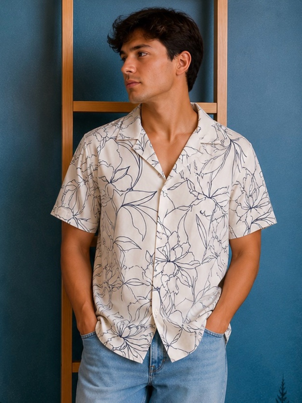 Abercrombie & Fitch Cream Shirt with Navy Floral Outline